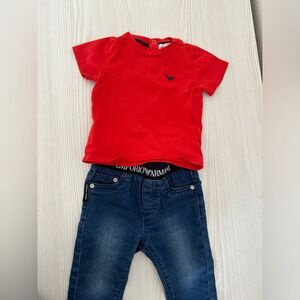 Emporio Armani complete outfit: stretch jeans and matching red short shi…